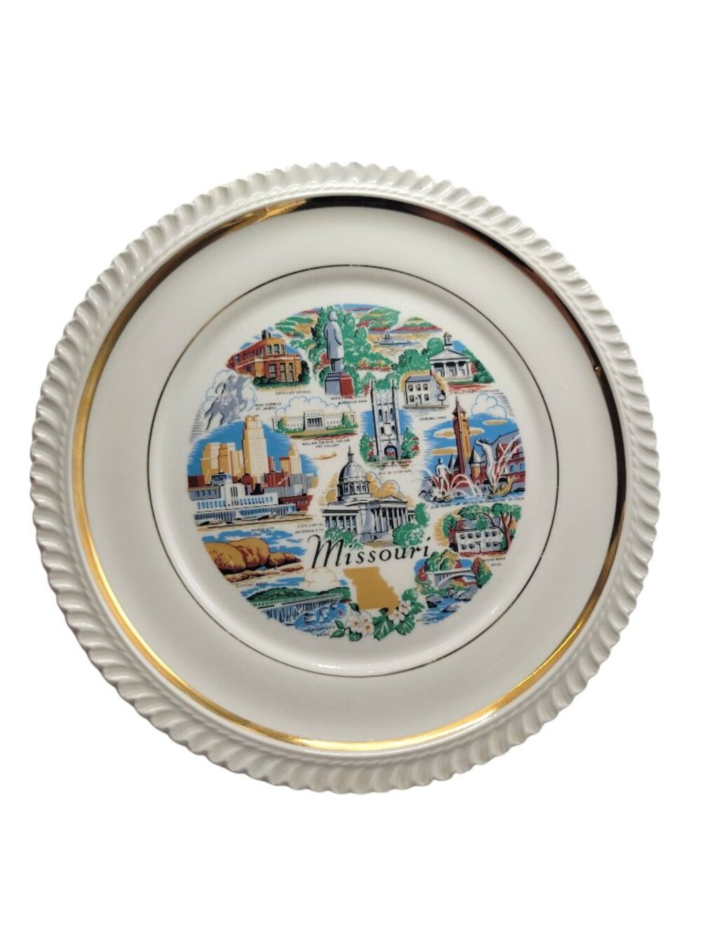 Vtg Missouri Souvenir Plate Gold Trim & Landmarks 10.5" Decorative Collectible